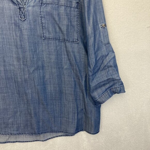 Skies Are Blue Chambray Roll Cuff Shirt Womens Medium M Lightweight Tencel Top - Picture 8 of 12
